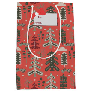 Nordic Green and White Tree Pattern on Red Medium Gift Bag