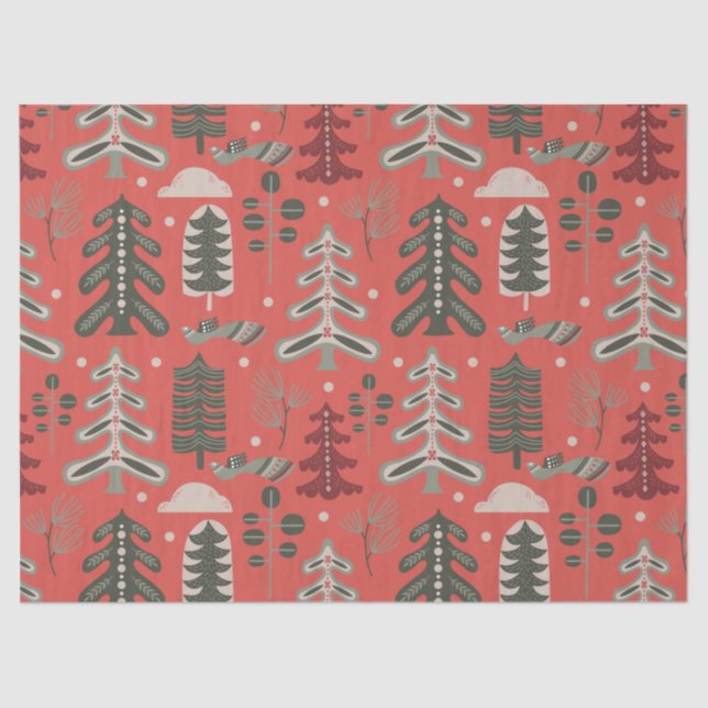 Nordic Green and White Tree Pattern on Red Tissue Paper (Front)