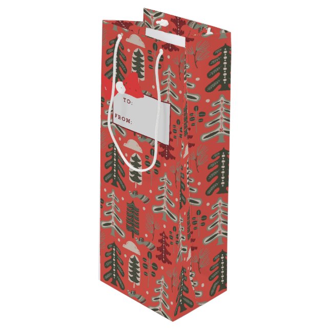 Nordic Green and White Tree Pattern on Red Wine Gift Bag (Front Angled)