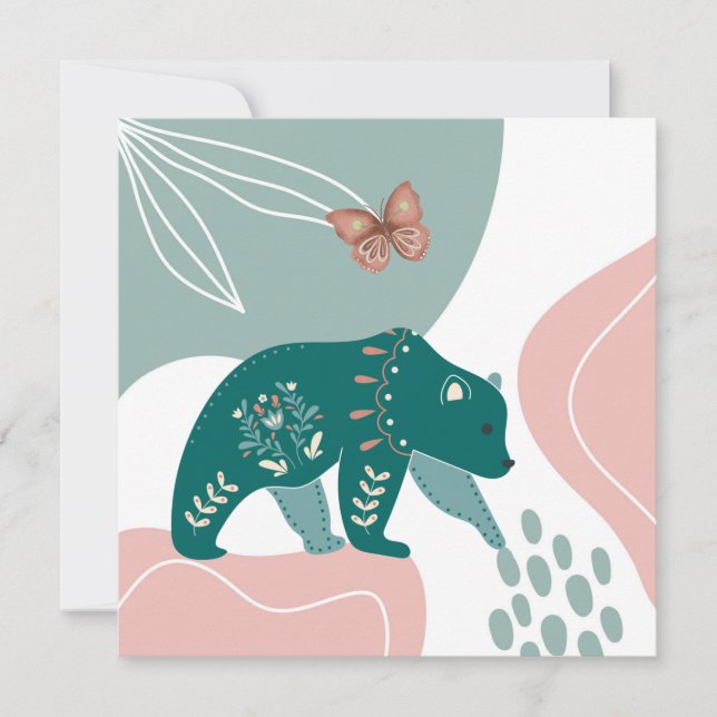 Nordic Green Bear and Brown Butterfly Card (Front)