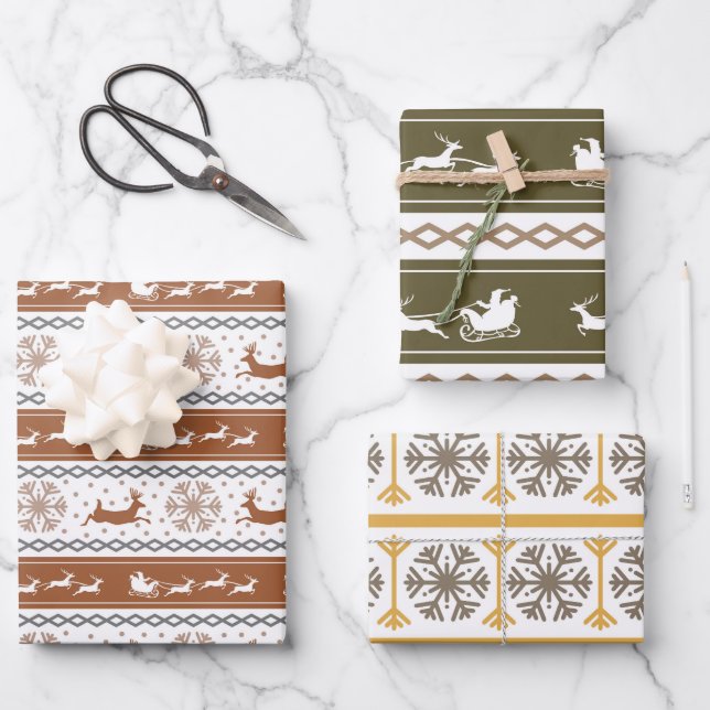 Nordic Green, Red, and Grey Snowflakes and Deers  Wrapping Paper Sheet (Front)
