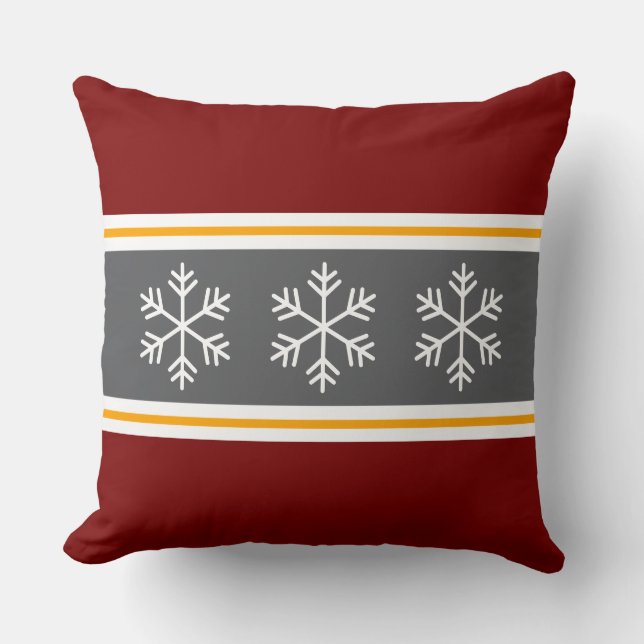 Nordic Grey Deep Red Stripes Alpine Snowflakes Cushion (Front)