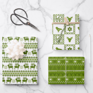 Nordic Holiday Patterns Green & White Wrapping Paper Sheet