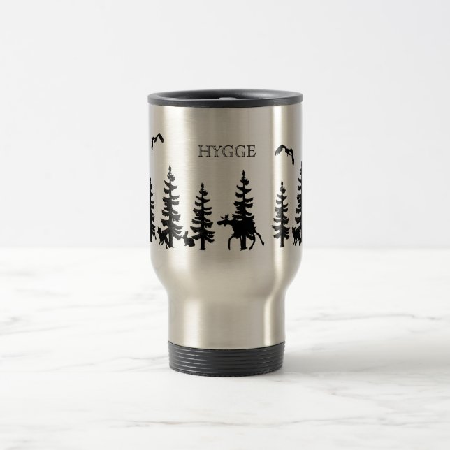 Nordic Hygge with forest and animals in black Travel Mug (Center)
