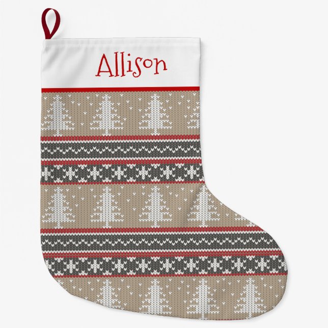 Nordic Knit Christmas Pattern | Tan and Red Large Large Christmas Stocking (Front)
