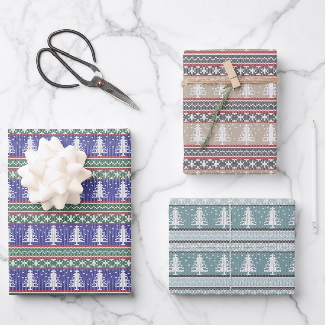 Nordic Knit Christmas Patterns Wrapping Paper Sheet (Front)