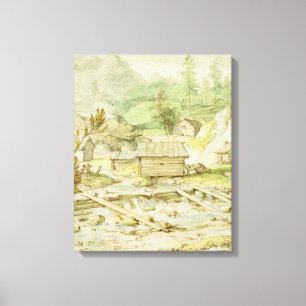 Nordic Landscape with Wooden Hut and Weir Canvas Print