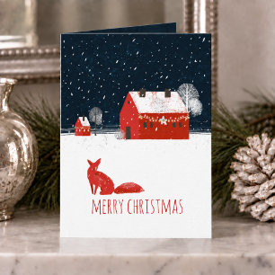 Nordic Merry Christmas Night Red Barn & Red Fox Holiday Card