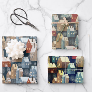 Nordic Modern Winter Town Cozy Houses Pattern Blue Wrapping Paper Sheet