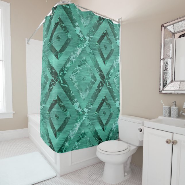 Nordic Molten Jade | Abstract Geometric Green Shower Curtain (In Situ)