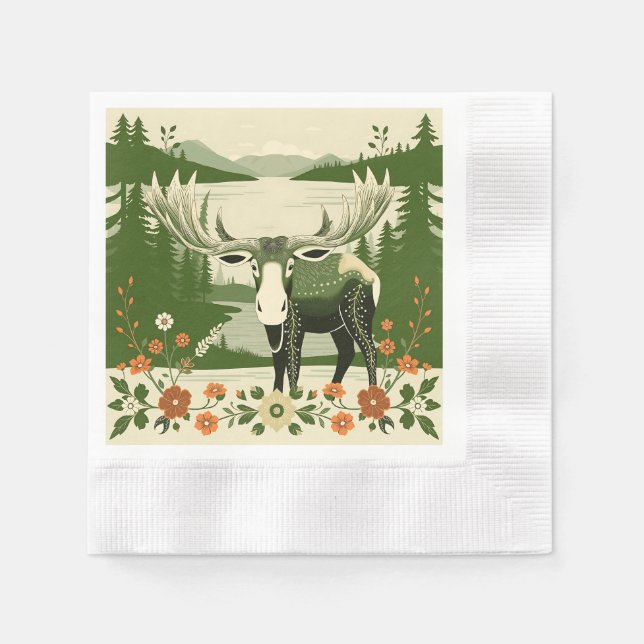 Nordic Moose with Floral Patterns Napkin (Front)