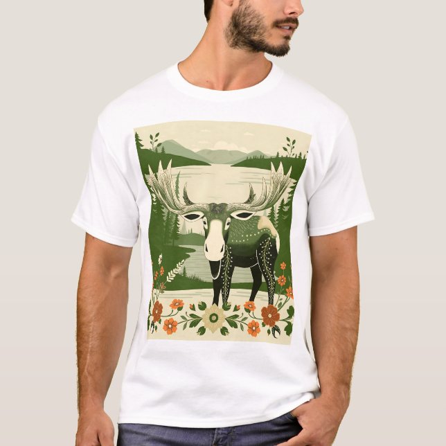 Nordic Moose with Floral Patterns T-Shirt (Front)