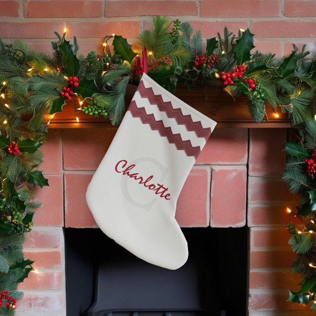 Nordic Name and Monogram Christmas Stocking (A winter white Christmas stocking with chevron detailing at the top. Just add your name/initial)