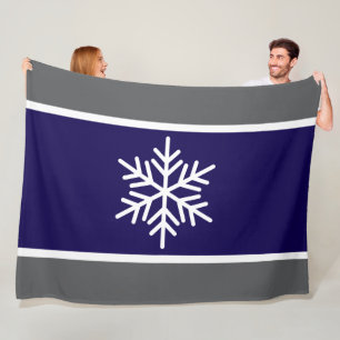 Nordic Navy Blue Grey White Stripes Snowflake Fleece Blanket