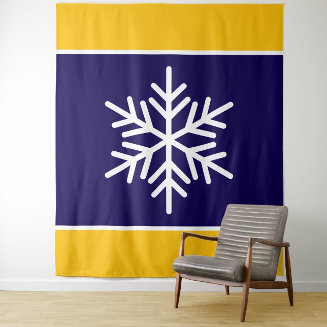 Nordic Navy Blue Yellow Stripes White Snowflake Tapestry (In Situ)