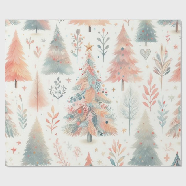 Nordic Pastel Pink and Green Christmas Tree  Wrapping Paper (Flat)
