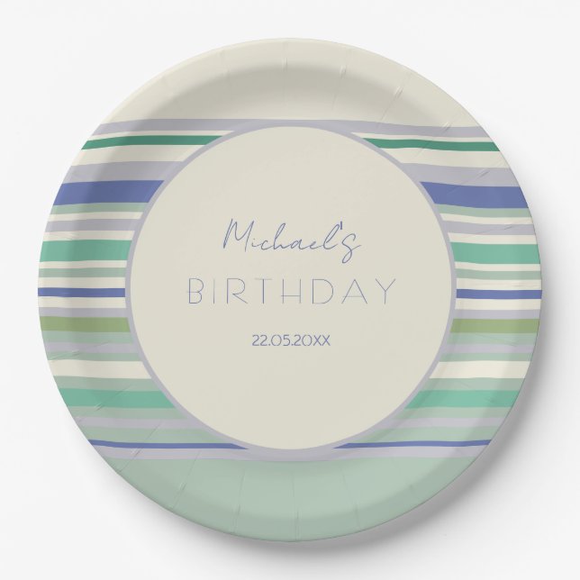 Nordic Pastel Stripes Pattern Birthday Paper Plate (Front)