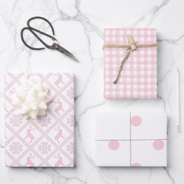 Nordic Polka Dots Plaid Baby Pink Christmas Wrapping Paper Sheet (Front)
