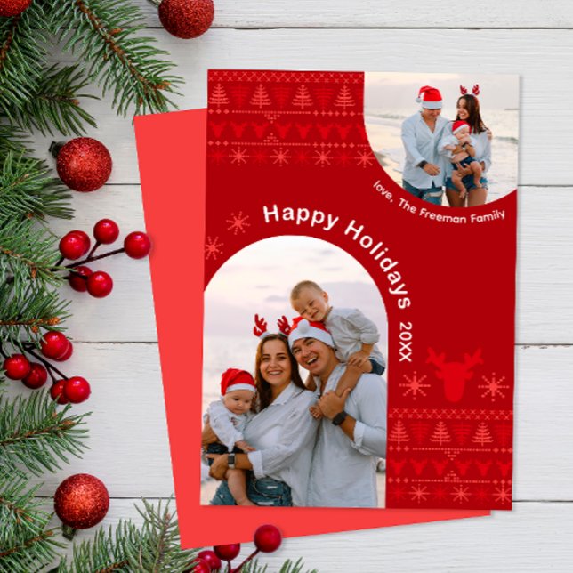 Nordic Red Arch Two-Photo Holiday Card (Fun Modern Christmas Card)
