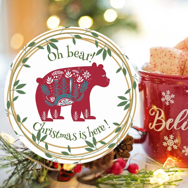 Nordic Red Bear Green Wreath Christmas Quote  Classic Round Sticker (Nordic Red Bear Green Wreath Christmas Quote Classic Round Sticker)