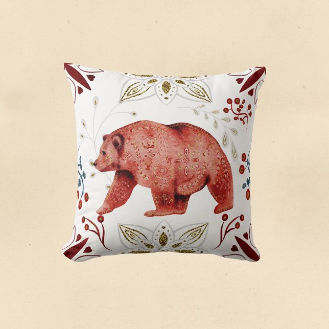 Nordic Red Bear Watercolor Folk Art Cushion (Creator Uploaded)
