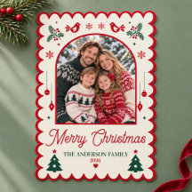 Nordic Red Folk Art Family Photo Christmas Card