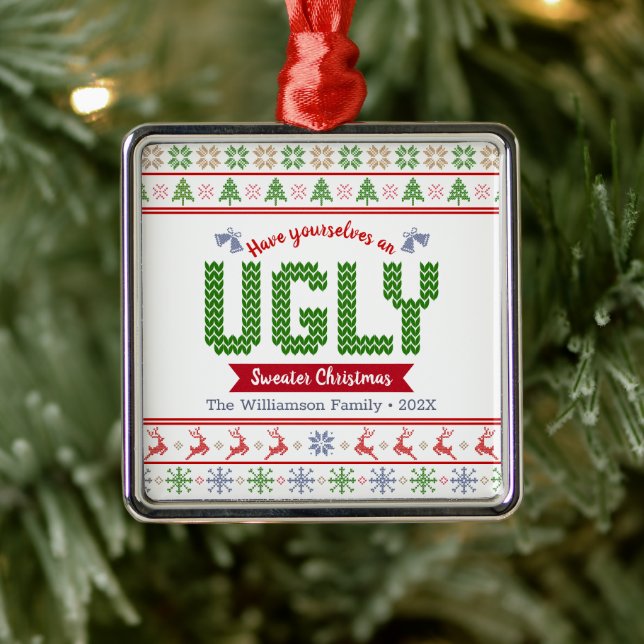 Nordic Red Green Knit Ugly Sweater Christmas Tacky Metal Tree Decoration (Tree)