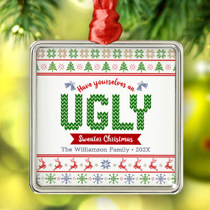 Nordic Red Green Knit Ugly Sweater Christmas Tacky Metal Tree Decoration
