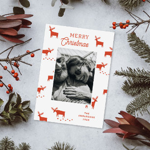 Nordic Red Reindeer. Modern Christmas Family Photo Holiday Card