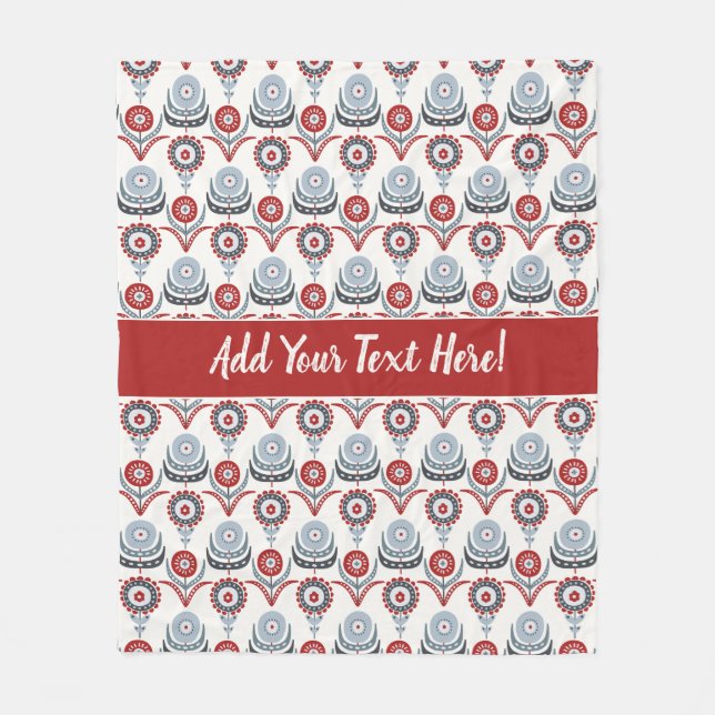 Nordic Red White Blue Charcoal Gray Flowers Fleece Blanket (Front)