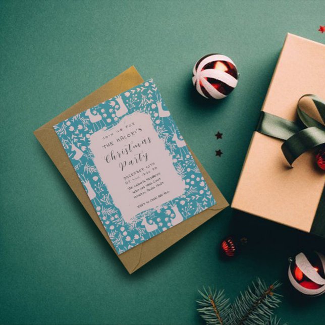 Nordic Reindeer Floral | Blush on Teal Christmas  Invitation (Creator Uploaded)