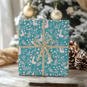 Nordic Reindeer Floral Blush on Teal Christmas P Wrapping Paper