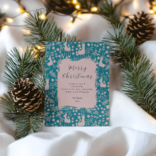 Nordic Reindeer Floral Blush on Teal Christmas Postcard