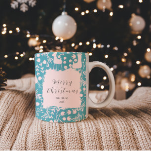 Nordic Reindeer Floral Blush on Teal Christmas Two-Tone Coffee Mug