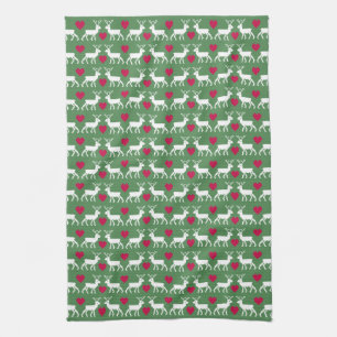 Nordic Reindeer & Hearts Pattern Tea Towel