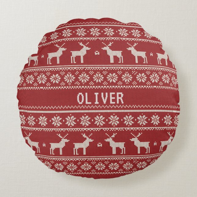 Nordic Reindeer Knit Pattern Personalized Round Cushion (Front)