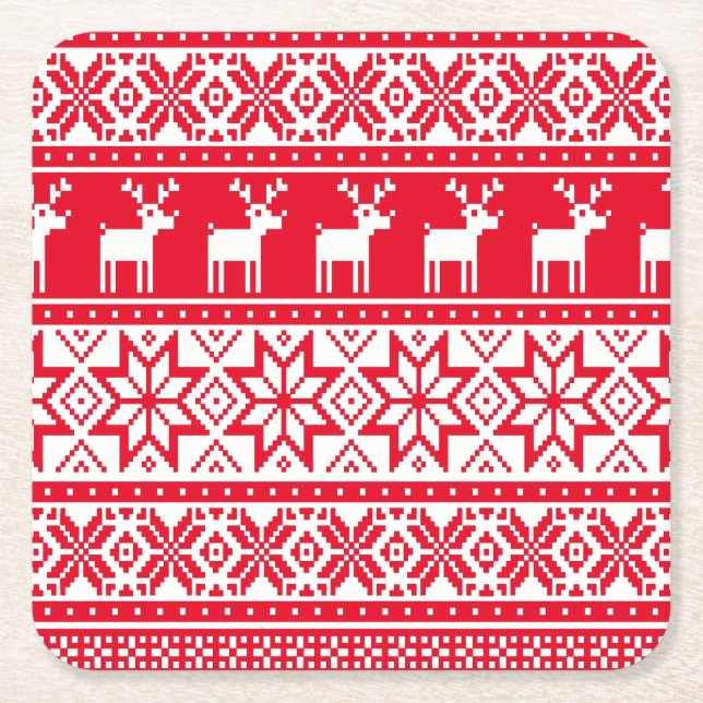 Nordic Reindeer Ugly Christmas Sweater Party Square Paper Coaster (Front)