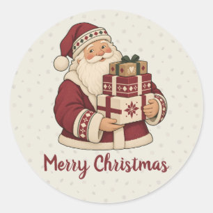 Nordic Santa with Stacked Christmas Gift Box Classic Round Sticker