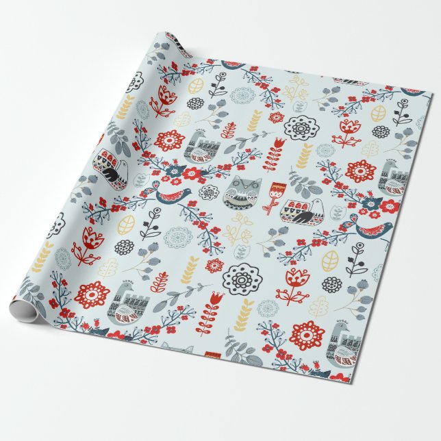 Nordic Scandi Folk Art Birds Plants Flowers Red Wrapping Paper (Unrolled)