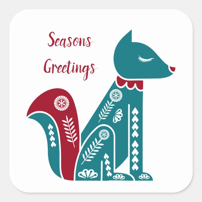 Nordic Scandinavian Blue and Red Fox Square Sticker (Front)