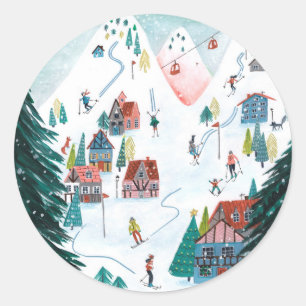 Nordic ski lodge skating Christmas Classic Round Sticker