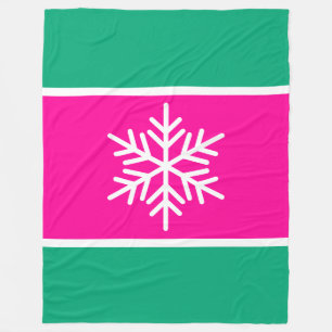 Nordic Snowflake Bright Pink Green Blue Stripes Fleece Blanket