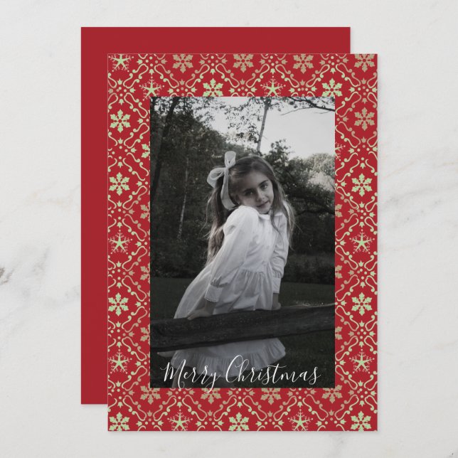 Nordic Snowflake Elegant Red 1 Photo Trendy Holiday Card (Front/Back)