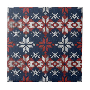 Nordic Snowflake Knit Pattern in Navy, Red, White Tile