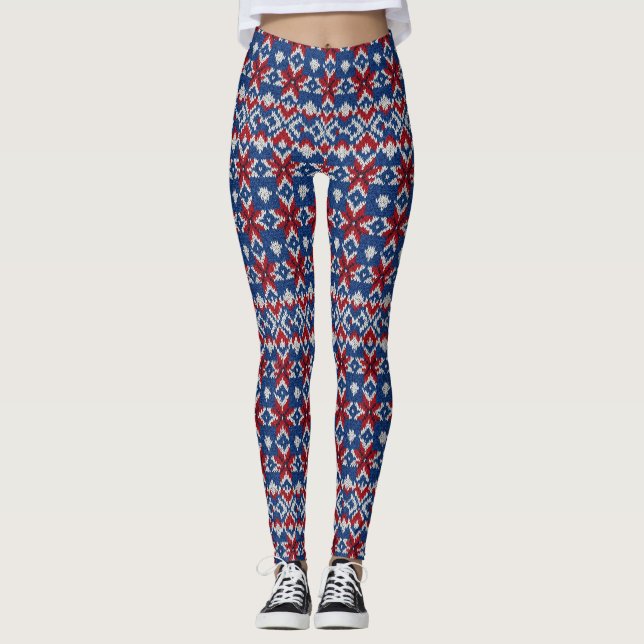 Nordic Snowflake Knit Pattern - Navy, Red, White 2 Leggings (Front)