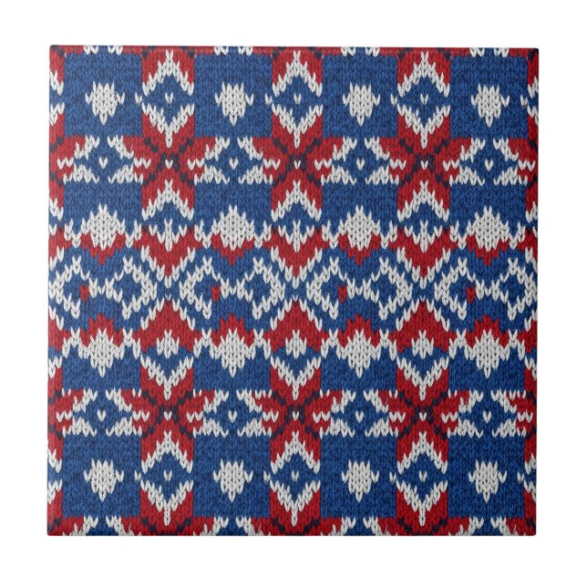 Nordic Snowflake Knit Pattern - Navy, Red, White 2 Tile (Front)