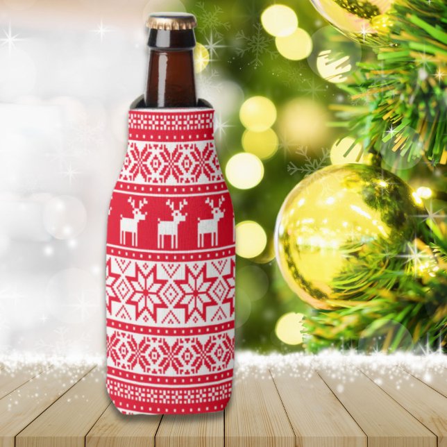 Nordic Snowflake Reindeer Ugly Christmas Sweater Bottle Cooler (Nordic Snowflake Reindeer Ugly Christmas Sweater Bottle Cooler)