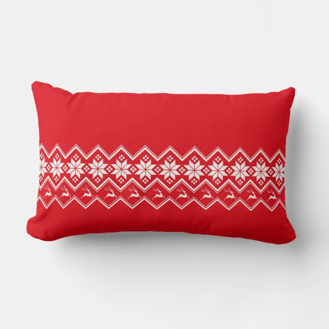 Nordic Snowflakes & Reindeers on Red and White Lumbar Cushion (Front)