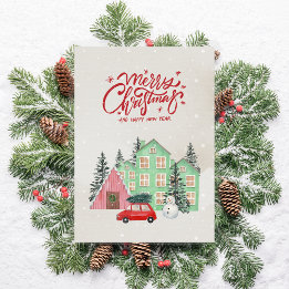 Nordic Snowy House and Red Car Christmas Holiday Card
