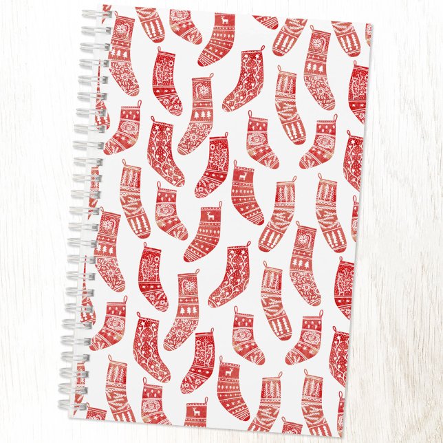 Nordic Stockings Red and White Notebook (Nordic Stockings red and white Scandinavian festive Christmas pattern notebook with custom interior)